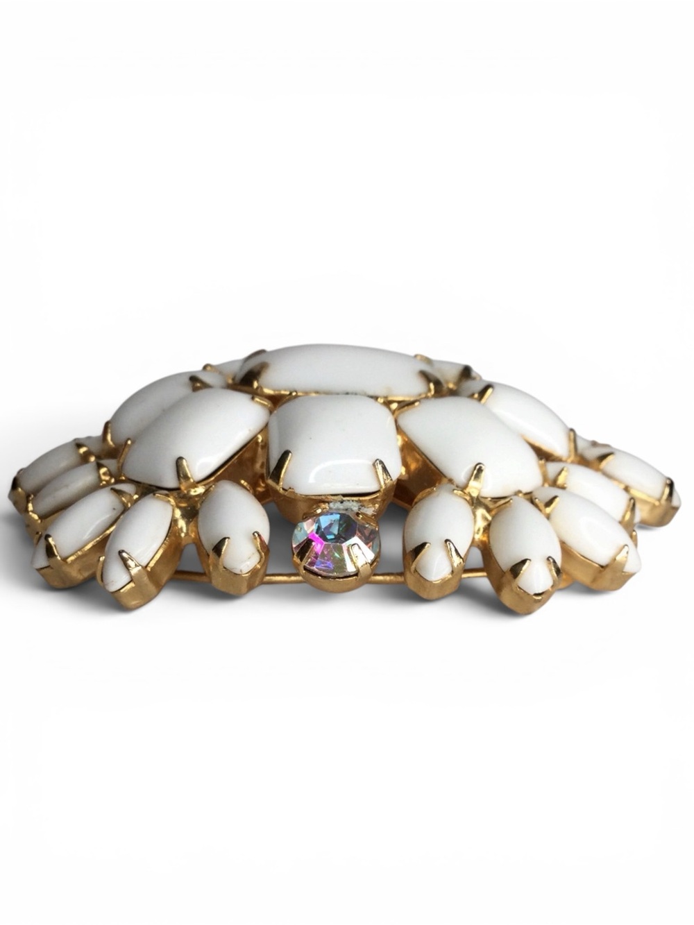 Vintage Gold-Tone Milk Glass Cabochon Floral Brooch with AB Accents - Picture 12 of 14